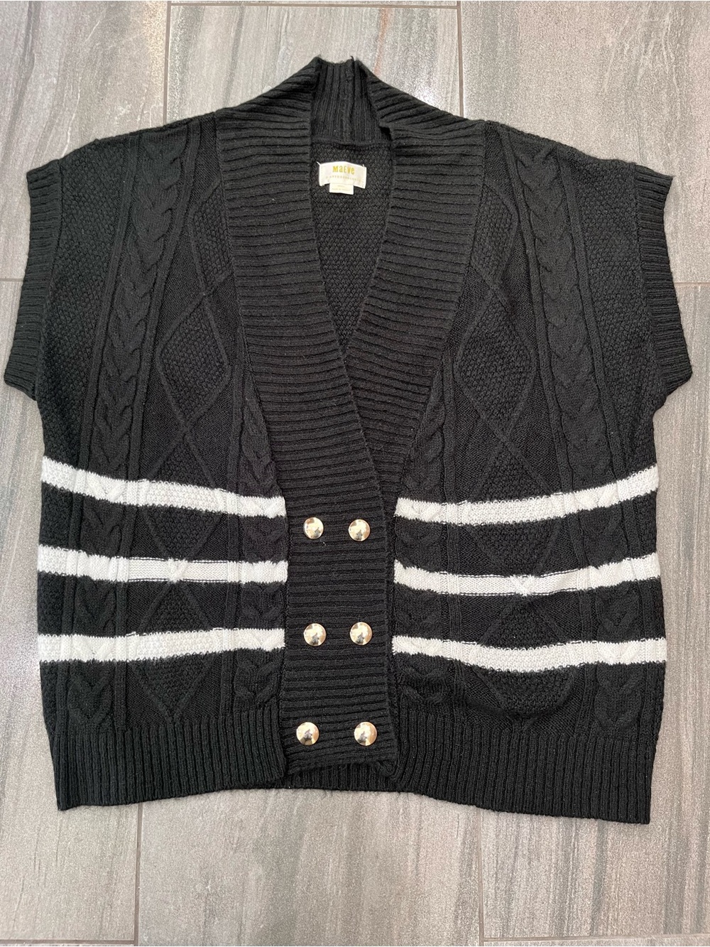 Anthropologie Black Striped Short-Sleeve Cable-Knit Cardigan Sweater Vest Preppy